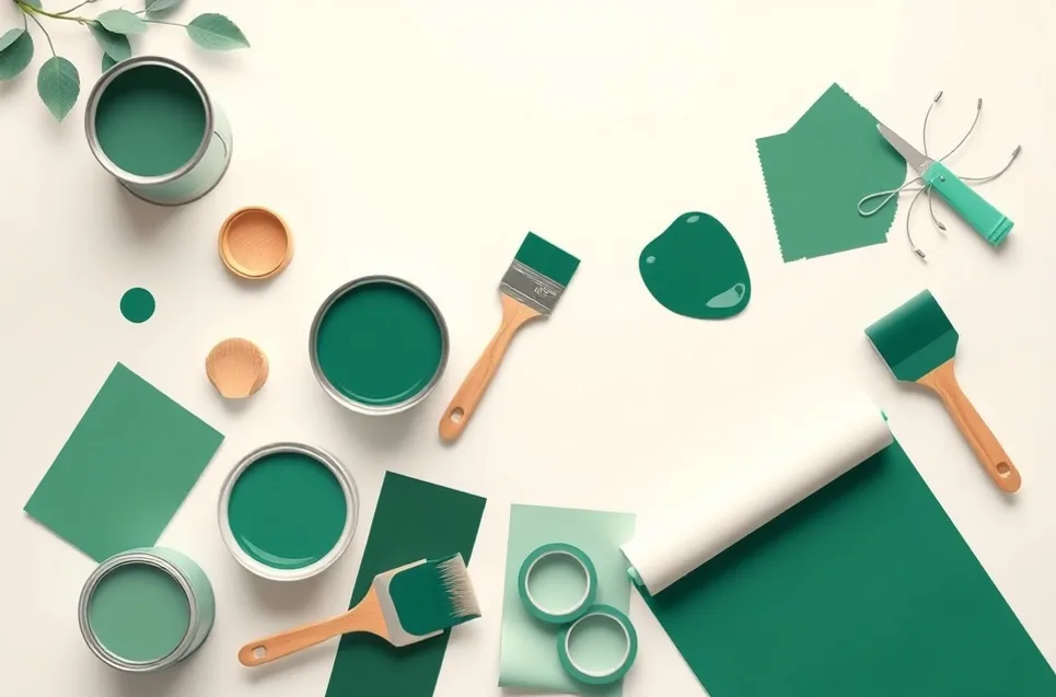 Pots de peinture, nuancier, brosses et rouleaux disposés à plat