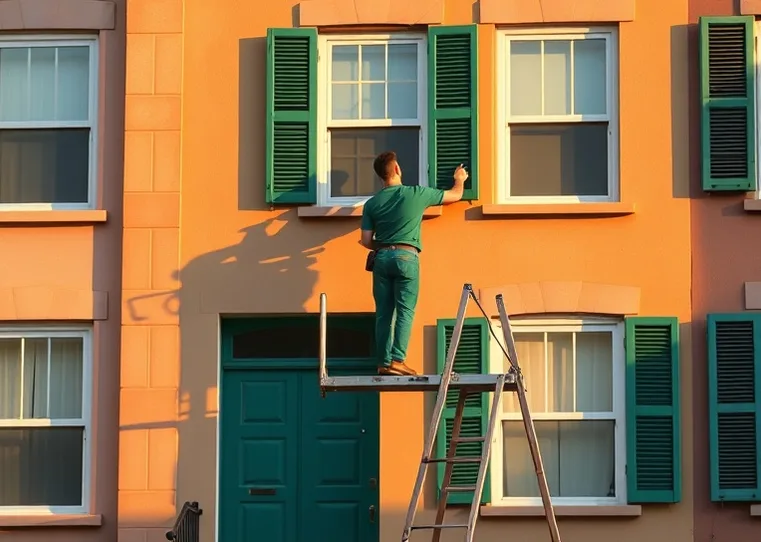 Peintre sur échafaudage traitant la façade d'une maison