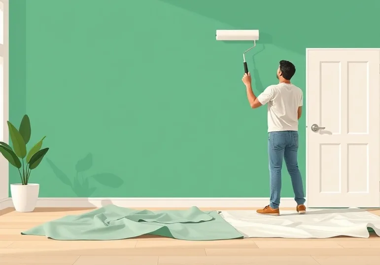 Peintre appliquant la peinture au rouleau sur un mur de salon